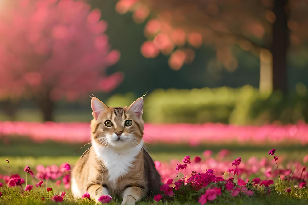 cat laying with pink flowers